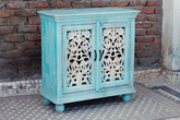 Antique Indian Jali Hand Carved Solid Wooden Cabinet Bluewash 89x40x90cm A0223